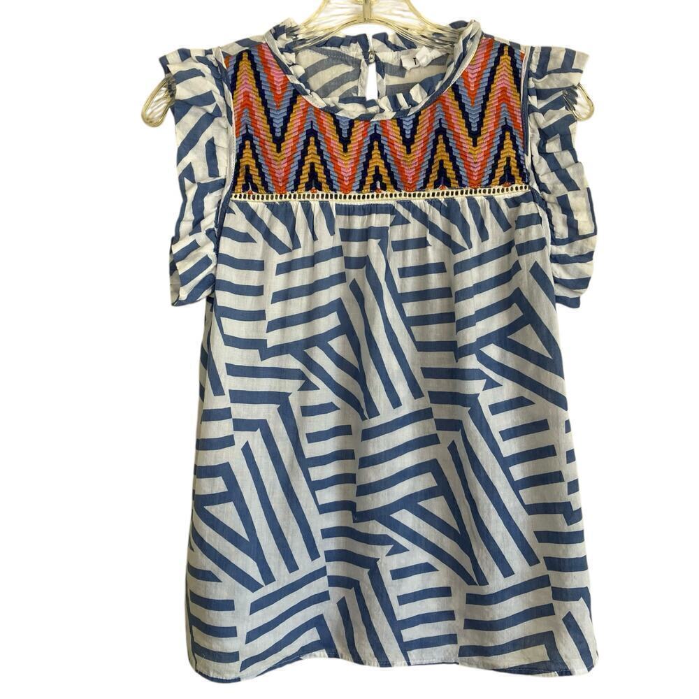 THML Boho Flutter Sleeve Ruffled Embroidered Top Blouse Geometric Print Spring S